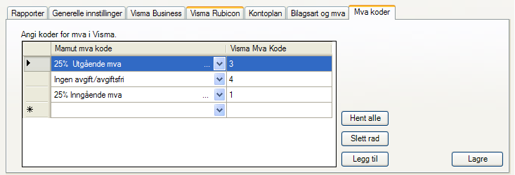 Mva koder Mva koder må på samme måte som kontoplanen samsvare mellom Mamut og Visma.