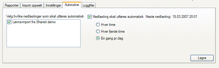 Autorutine Integrasjonsmodulen kan sette opp til å importere ansatt/lønnslister automatisk etter ønsket intervall. Innstilinger for dette ligger under arkfanen Autorutine.