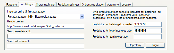 Se ellers vedlegg for teknisk informasjon om implementering og teknisk bruk. Innstillinger for ordreimport Valg av firmadatabase og kilde for ordreimport.