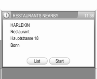 Navigering 59 Velg skjermtasten List (Liste) for å gå tilbake til restaurantlisten. Velg skjermtasten Start for å starte veivisning til valgt restaurant.