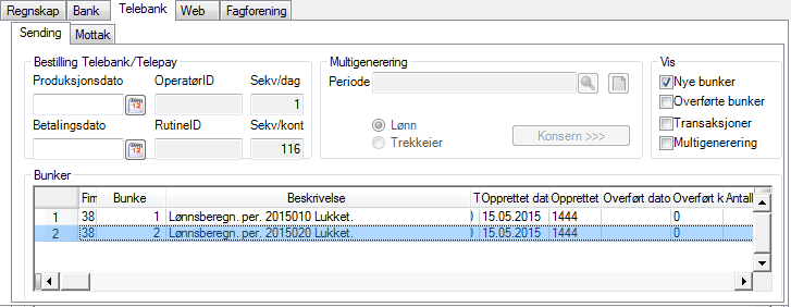 Overføring til Telebank/Telepay Fanen Telebank dekker overføring Telebank og Telepay Når funksjonen startes, vil alle aktuelle bunker vises i en liste over bunker midt i bildet.