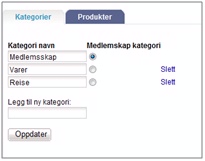 Side 80 8. Produkter» 1. Kategorier Produktkategorier Kategoriene brukes til å dele opp produkter. I tillegg så er det på kategoriene dere setter om produktene skal settes mot Gratis medlemskap.