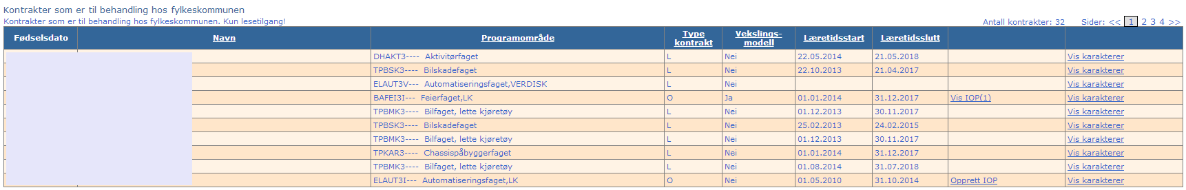 Kontrakter som er til behandling hos fylkeskommunen. I rubrikken her listes kontrakter som er til behandling hos fylkeskommunen. Opplæringskontor/bedrift har kun lesetilgang på disse.