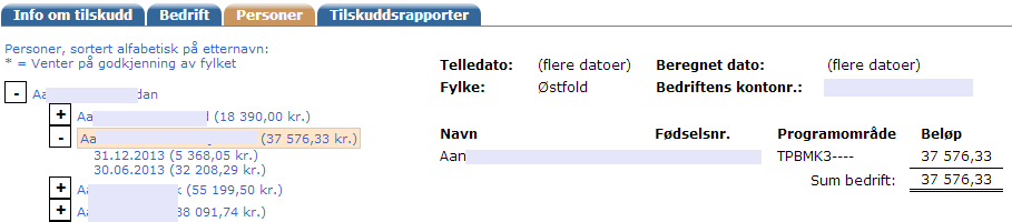 Personer Under personer listes alle lærlinger/lærekandidater i bedriften. Bak lærlingens/lærekandidatens navn vises det totale tilskuddet som er utbetalt (beregnet) for vedkommende så langt.