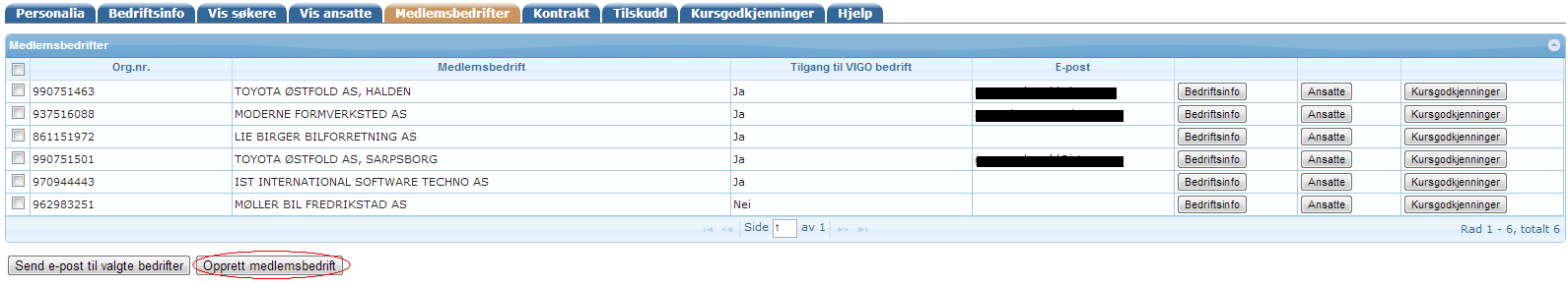 Medlemsbedrifter (tilgjengelig kun for ansatte i Opplæringskontor med rettigheter) Her listes de medlemsbedriftene som er registrert i VigoOpplæring med bedriftskurs (kursgodkjenning) uten passert