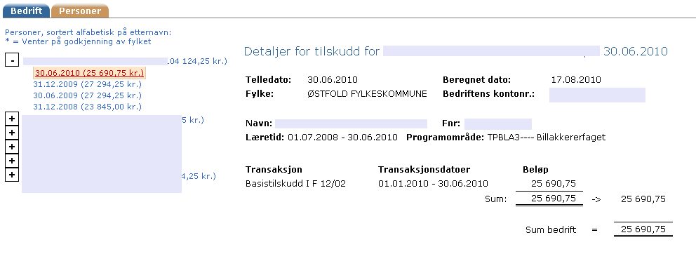 Klikker du så på en aktuell periode under valgte person vil du i oversikten til høyre få ytterligere detaljer i fht hva som ligger i tilskuddet for valgt periode.