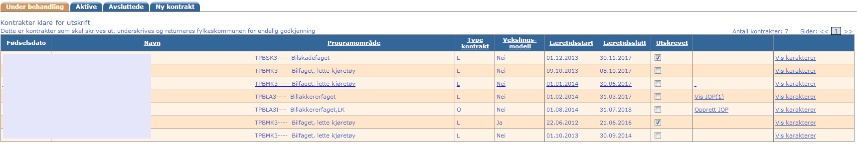 Kontrakt Oversikt over alle kontraktene tilknyttet valgt Opplæringskontor/bedrift. I mappekortet her ligger det igjen 4 undermapper.