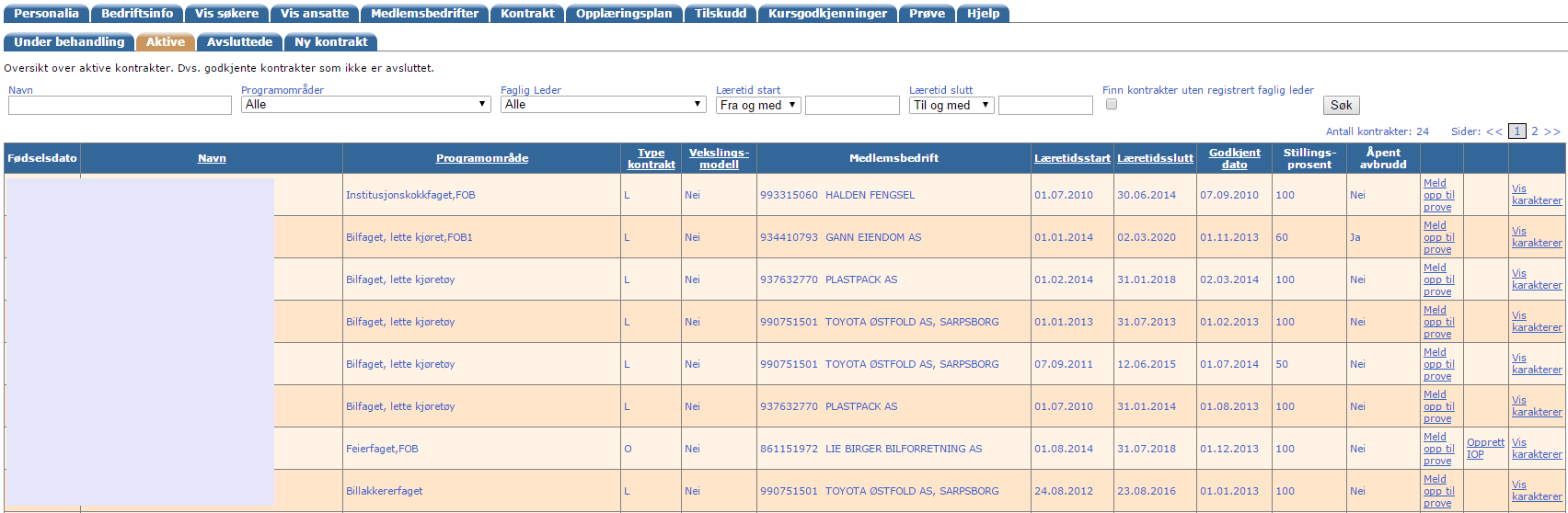 Aktive I rubrikken her vises en oversikt over aktive kontrakter i bedriften. Dette er godkjente kontrakter uten avslutningsdato i VigoOpplæring, dvs.