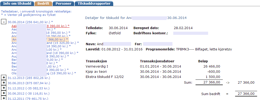 Øverst i bildet med oversikt vises aktuell telledato, dato for når tilskuddsberegningen ble kjørt, hvilket fylket det er i fra og bedriftens kontonr.