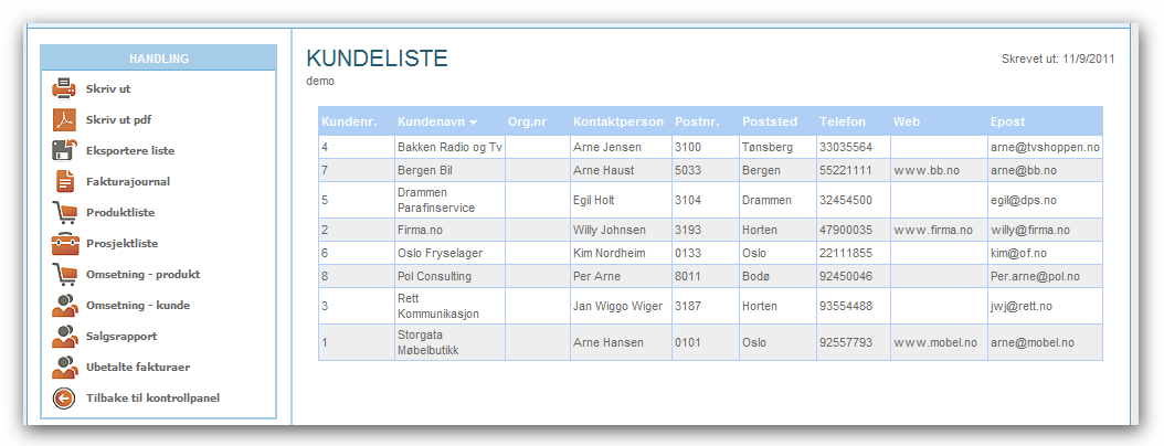 Kundeliste Rapporten «Kundeliste» viser deg alle dine kunder. Du kan sortere rapporten som du ønsker. Eksemplet under viser Kundeliste sortert på kundenummer.