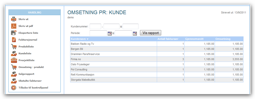 Omsetning pr. Kunde. Denne rapporten gir deg en oversikt over omsetning pr. kunde. Du kan velge en enkel kunde eller en oversikt som viser omsetning for alle kunder.