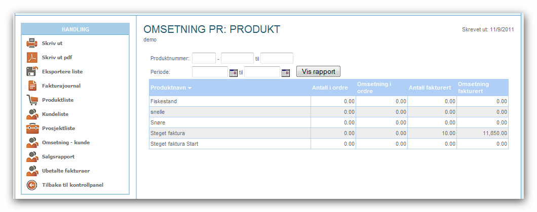 Omsetning pr. Produkt. Denne rapporten gir deg en oversikt over omsetning pr. Produkt. Du kan velge et enkelt produkt eller en oversikt som viser omsetning for alle produkter.