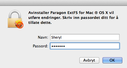 22 Avinstallere driveren Gjør følgende for å avinstallere Paragon ExtFS for Mac OS X : 1.