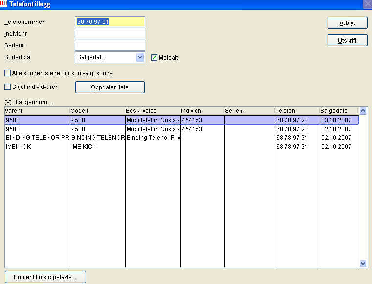 Telefontillegg Kunderegister Salg på kunden Telefontillegg Denne funksjonen benyttes for oppfølging av binding / abonnement.