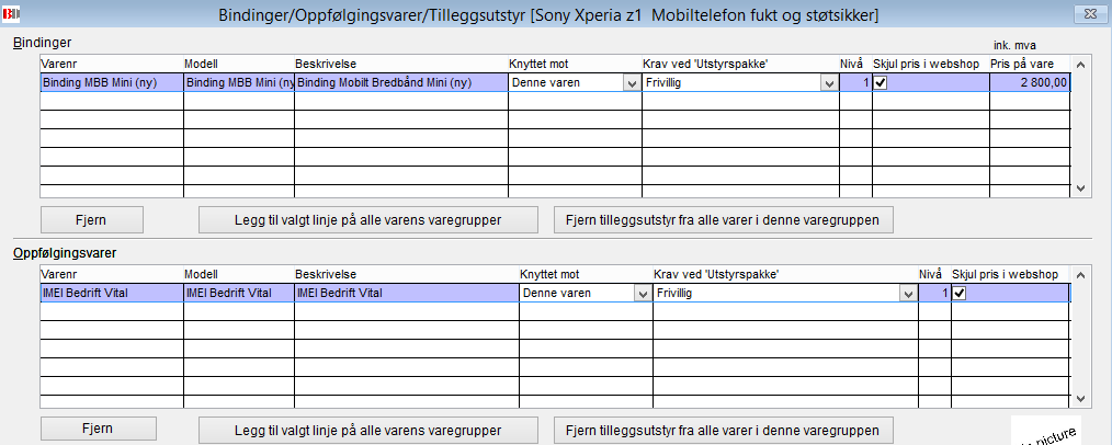 Nivå: Nivå-feltene gjør at man kan knytte IMEI direkte mot en binding.