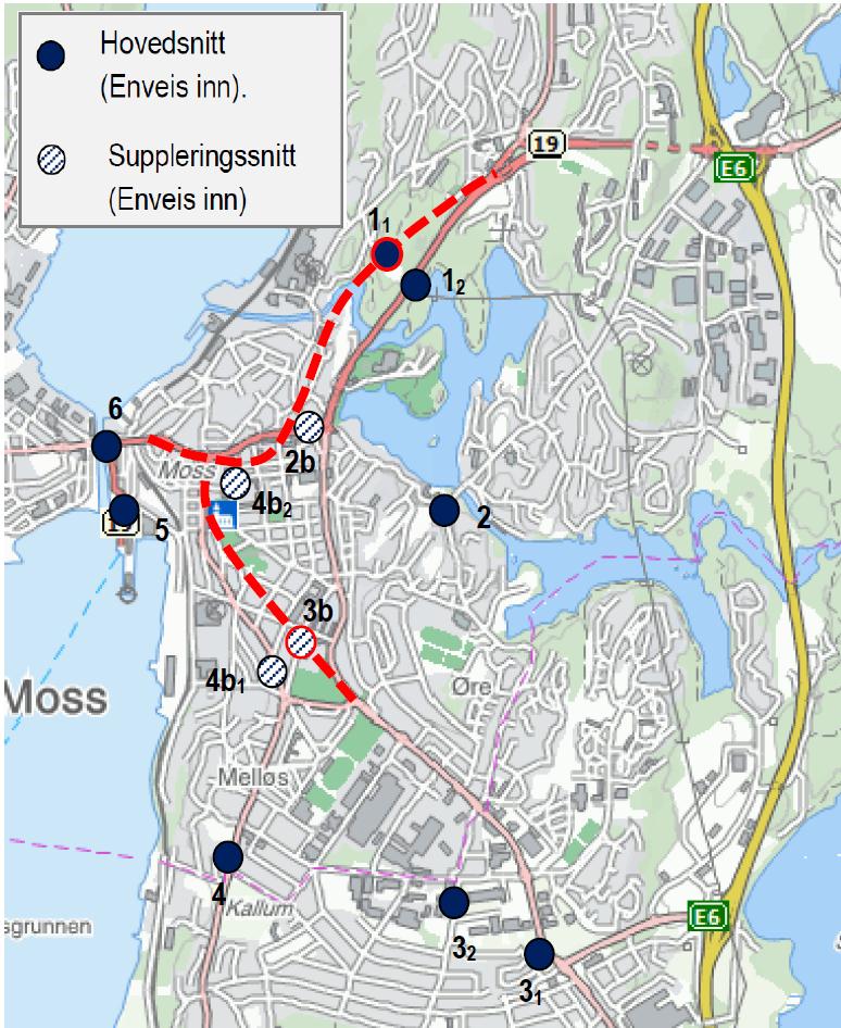 en ytterligere utvikling av tilbudet for gående og syklende. 5.2 Betalingssnitt og passeringstakster Betalingssnittene Figur 3 viser en mulig plassering av betalingssnittene, som et eksempel.