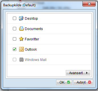 8) Innstillinger: Backupkilde Når du trykker på knappen for backupkilde: kommer du til følgende bilde: Her kan du velge hvilke filer som skal sikkerhetskopieres.