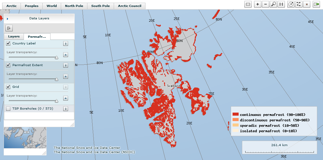 Figur 2-2 viser utbredelsen av permafrost i den nordlige hemisfære, og figur 2-3 viser utbredelsen av permafrost på Svalbard. Svalbard har et areal på omtrent 63.