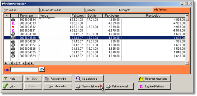34 5.2 DENTAL2000 - Dokumentasjon Faktura I fakturaregister finner du alle funksjoner for fakturering: Generering av nye faktura Utskrift av faktura Generering av kreditnota Purring av ubetalte