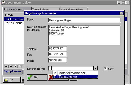 Referanse ordre/fakturering 45 Leverandørregister Her registrerer du leverandører. Det kan være materialleverandører eller andre tannteknikere som du tar «halvfabrikata» fra.