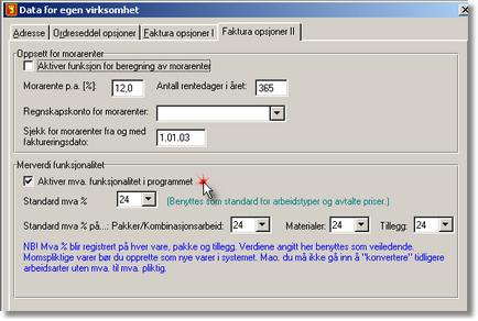 Referanse ordre/fakturering 63 gå til "Data for egen virksomhet" lokalisert i menyen "Diverse" klikk på fanen "Faktura opsjoner II" Som vist på bildet ovenfor finner du her diverse globale parametre