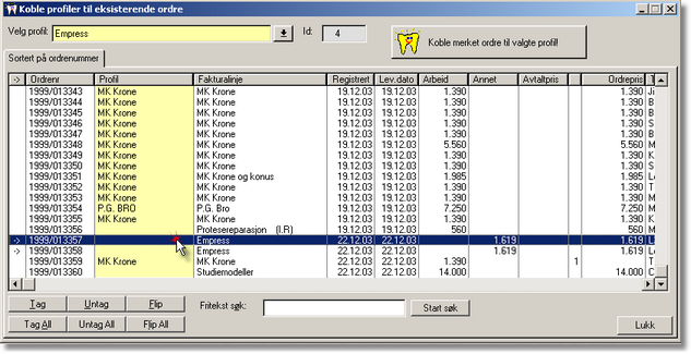 96 DENTAL2000 - Dokumentasjon Når en profil som vist ovenfor blir koblet til en ordre, blir det mulig å produsere tall som vist på bildet under. En ordre på kr.