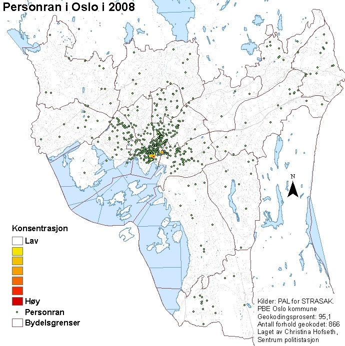 Geografisk spredning Ranene i Oslo skjer spredt over hele byen. I 2008 ble det registrert ran med gjerningssted i alle bydelene i Oslo.