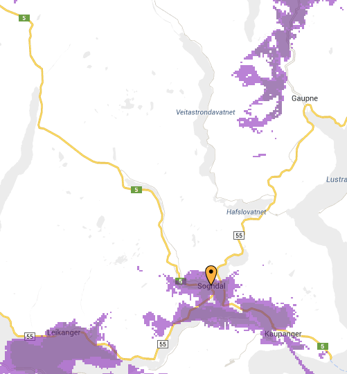 Forventa dekning utandørs, 3G: Netcom har pr i dag ikkje 4G-dekning i Sogndal kommune.