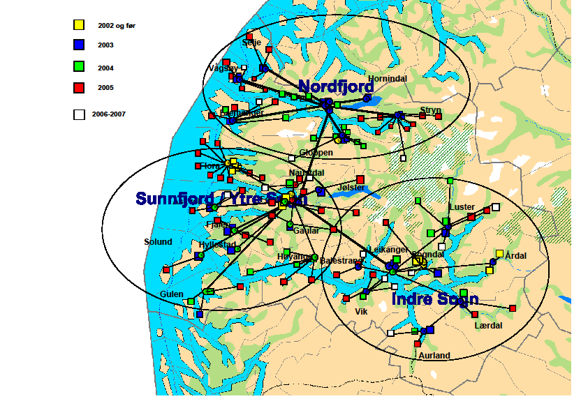 Figur 2 Utviklinga av første generasjons breiband i Sogn og Fjordane (kjelde: Breibandforum S&F) Figuren syner at dei største tettstadane var utbygde med breiband i 2002, medan dei fleste