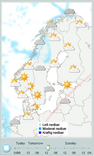 Figur 2.1. Eksempel på værvarsel for hele landet (fra www.yr.no, mars 2011).