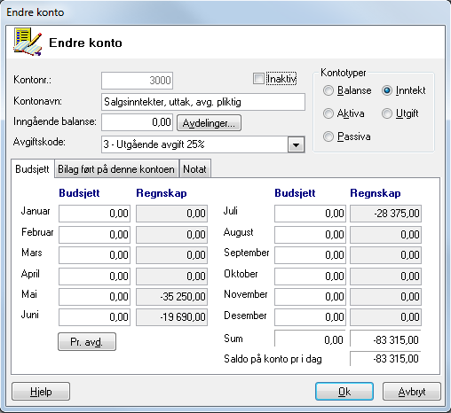 Kontonummer: Første siffer angir kontogruppen. Du kan derfor se at dette er en salgskonto. Inngående Balanse: Dette er den saldoen du starter et regnskapsår med.