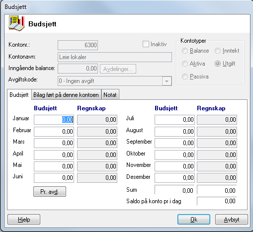 Ny/endre budsjett Dette vinduet åpnes via knappen Budsjett inne i Budsjett. Her legger du inn/endrer budsjett på de ulike inntekts- og kostnadskontoene. Budsjettet legges inn for hver enkelt måned.
