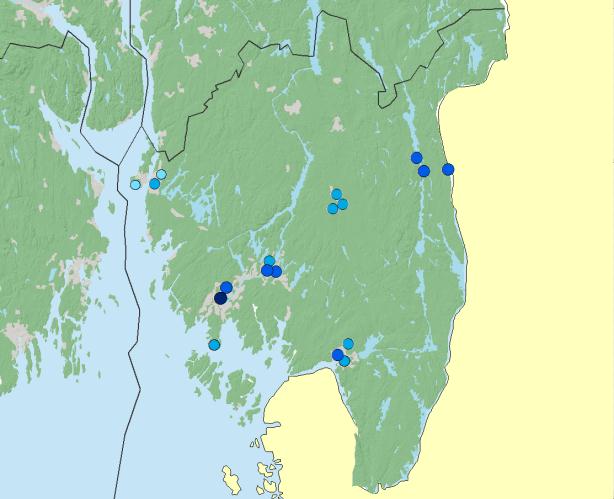 Figur 66: Oversikt over gjennomførte målinger i Vest-Agder. I 2010 ble det rapportert 24 målinger fra 0,06 til 0,11 µgy/h, og gjennomsnittet i perioden er 0,09 µgy/h.