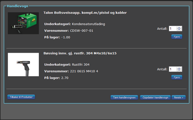 6.2.4. Handlevogn Fig 6.2.4 Handlevogn med produkter Produkter man har i handlevognen vises med bilde, produktnavn, varenummer, underkategorinavn og lagerantall.