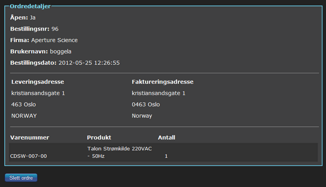 Fig 6.2.6.3 Ordredetaljer Dette er siden hvor brukere kan redigere sin informasjon. Forsiden viser en oversikt over brukerens opplysninger og ordre.