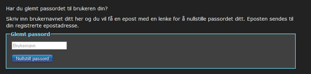 6.2.10. Glemt brukernavn / Glemt passord Fig 6.2.10.1 Glemt brukernavn Fig 6.2.10.2 Glemt passord På glemt passord -siden fylles det inn brukernavn som benyttes av siden til å finne brukerens registrerte epostadresse.
