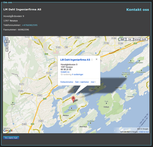 6.2.11 Kontakt oss Fig 6.2.11.1 Kontaktside Denne siden inneholder generell kontaktinformasjon om LM Dahl, som adresse, telefonnummer og lignende.