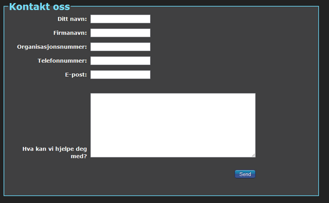 6.2.12 Kontaktskjema Fig 6.2.11.2 Kontaktskjema Denne siden viser et skjema, hvor man kan fylle ut informasjon og en henvendelse.