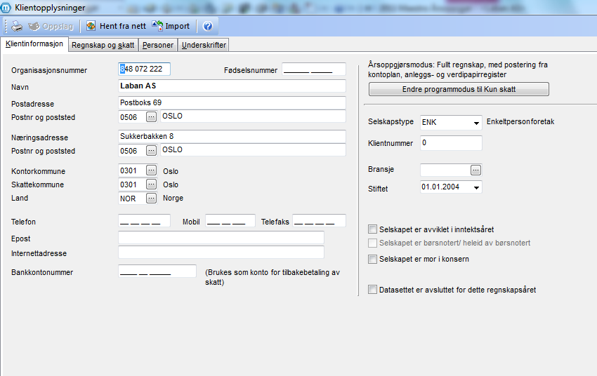 Klientinformasjon Under Selskapstype velger du om det er et aksjeselskap eller et personlig selskap. Selskapstypen du velger, vil avgjøre hva slags ligningsskjemaer du får tilgang til.
