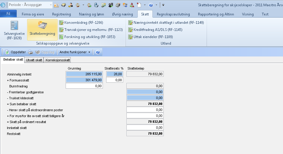 SKATTEBEREGNING FOR AKSJESELSKAPER Skatteberegning Skatteberegningen finner du under Næringsinntekt Skatteberegning.