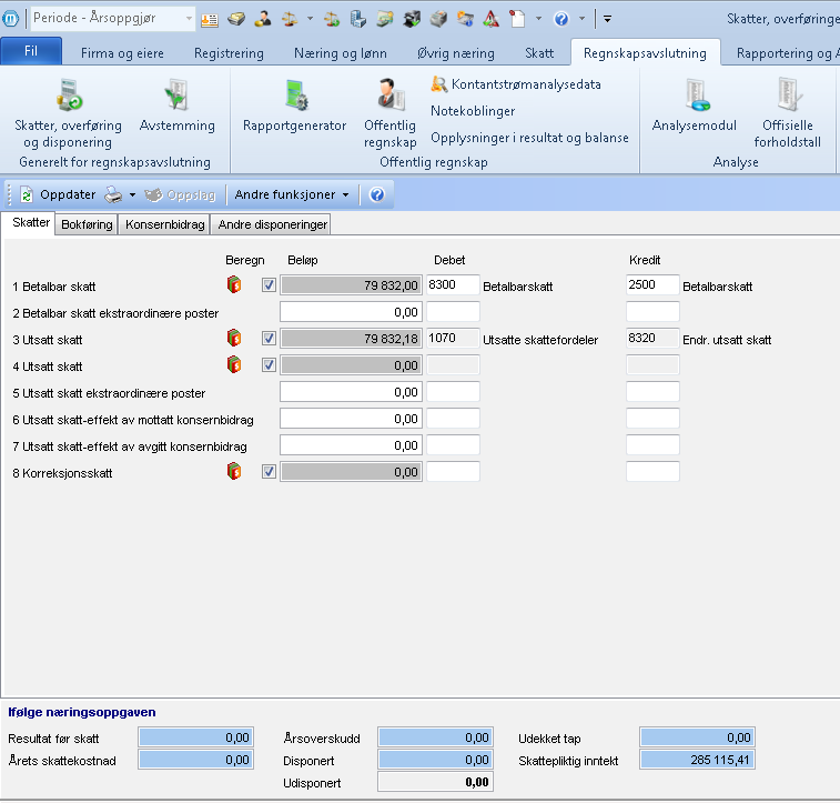 SKATTER, OVERFØRINGER OG DISPONERINGER Denne menyen ligger under Regnskapsavslutning Skatter, Overføringer og Disponeringer. Her foretar du avsluttende disponeringer i forbindelse med årsoppgjøret.
