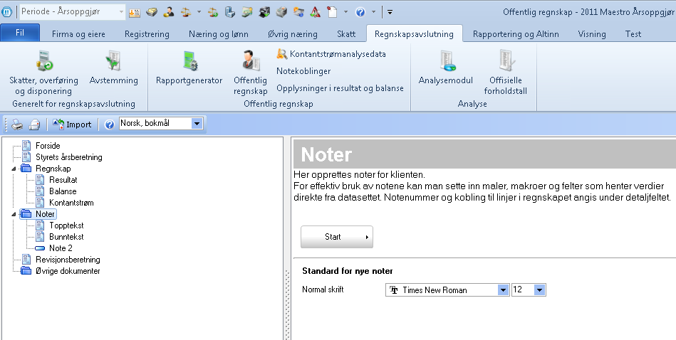 NOTER (RTF) Når du går på menyvalget Regnskapsavslutning, Offentlig regnskap og Noter (RTF) kommer du inn i følgende bilde: Trykk på Start-knappen.