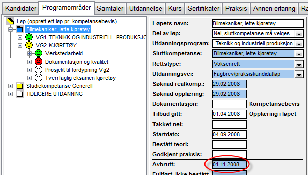 REGISTRERING SAMTALER REALKOMP.VURDERING OPPLÆRING DOKUMENTASJON RYDDING VEDL. OPPLÆRING Inntak til opplæring Saksbehandler skal sette dato for tilbud gitt og startdato for opplæring.