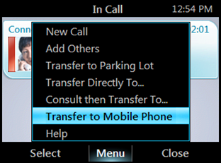 Brukerhåndbok for Polycom CX500/CX600/CX3000 IP-telefon Slik overfører du en samtale til en mobiltelefon: >> Velg Meny på I samtale-skjermen, og velg deretter Overfør til mobiltelefon.