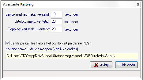 Dersom programmet av en eller annen grunn ikke klarer å hente kartet, vil det komme opp en dialogboks med noen nye valg. Dette kan skje hvis det tar for lang tid å hente kartet pga.