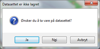 2. NVDB 123 ber deg gi datasettet et navn: 3. Skriv inn et navn som du lett kan kjenne igjen. 4. NVDB 123 lagrer datasettet under dette navnet i mappen C:\Brukere\<ditt brukernavn>\nvdb\prosjekter. 4.11 Avslutte innsyn Når du vil avslutte: 1.