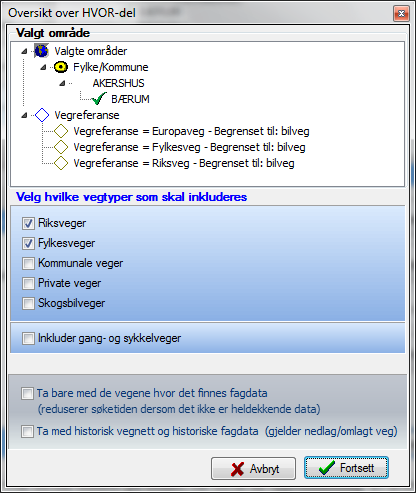 Figur 20: Sammenfatning av hvor-delen, med tilleggsvalg Vil du spare tid på henting av data fra NVDB, så ikke inkludér mer enn høyst nødvendig.