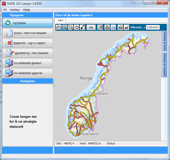 2 Komme i gang Figur 1: Helt i starten får du se hele Norge Når programmet starter, vises vanligvis et kart over Norge i hovedvinduet på skjermen.
