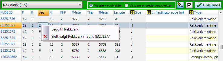 Her ser du hva fargene betyr: Endrede egenskaper (medfører ny versjon av objektet) Rettede egenskaper (medfører ikke ny versjon av objektet) Slettet (avsluttet objekt), eller Fjernet objekt (tas vekk