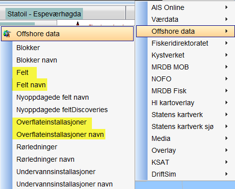 Kartfunksjoner Offshore data Under «Offshore data» finner en oversikter over ulike felt, over og undervanns- installasjoner etc.